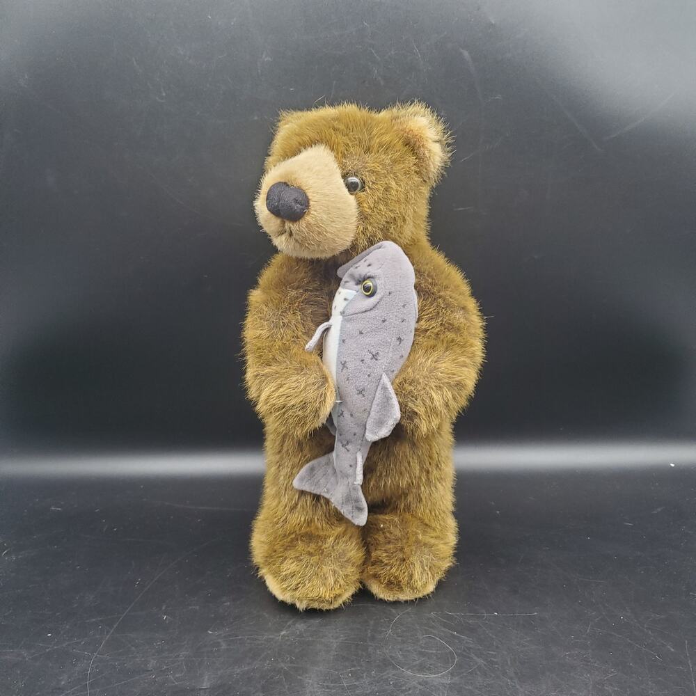 Vintage Plush Brown Bear Holding Fish Stuffed Animal Woodland Cabin Lodge Decor